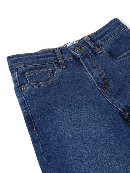 Boys Cotton Cream Shirt With Blue Denim Washed Straight Fit Jeans