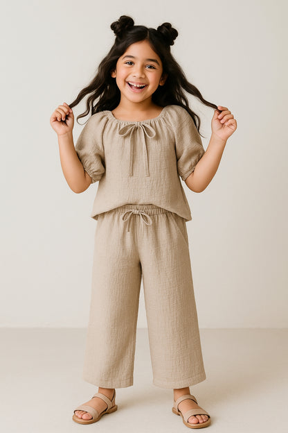 Girls Beige Solid Top & Palazzo Co-ord Set