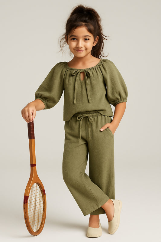 Girls Olive Green Solid Top & Palazzo Co-Ord Set