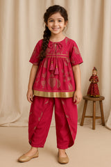 Girls Pink Printed Viscose Round Neck Kurta Set