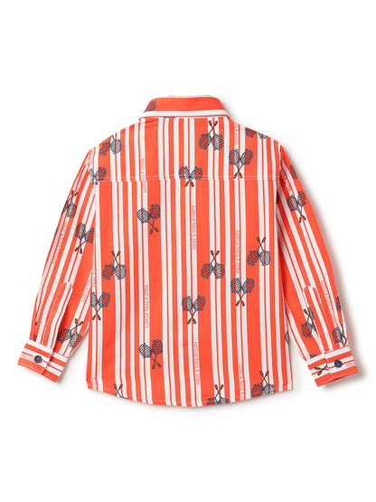 Boys Cotton Orange Stripes Printed Shirt With Black Denim Washed Regular Fit Jeans