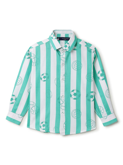 Boys Cotton Blue Stripes Printed Shirt With Blue Denim Washed Regular Fit Jeans