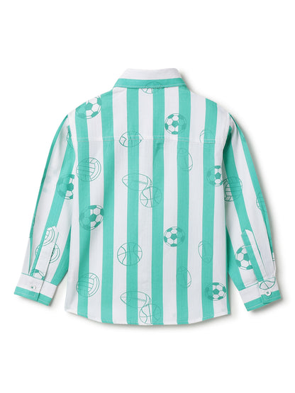 Boys Cotton Blue Stripes Printed Shirt With Blue Denim Washed Regular Fit Jeans