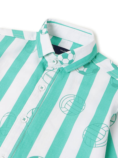 Boys Cotton Blue Stripes Printed Shirt With Blue Denim Washed Regular Fit Jeans