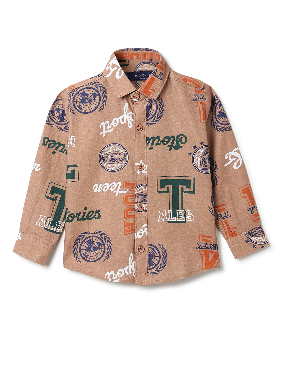 Boys Cotton Brown Printed Shirt With White Denim Solid Baggy Fit Jeans