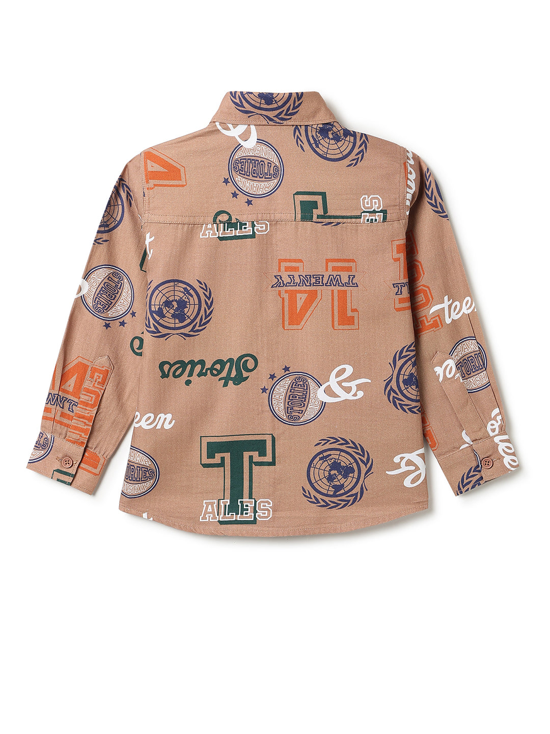 Boys Cotton Brown Printed Shirt With White Denim Solid Baggy Fit Jeans