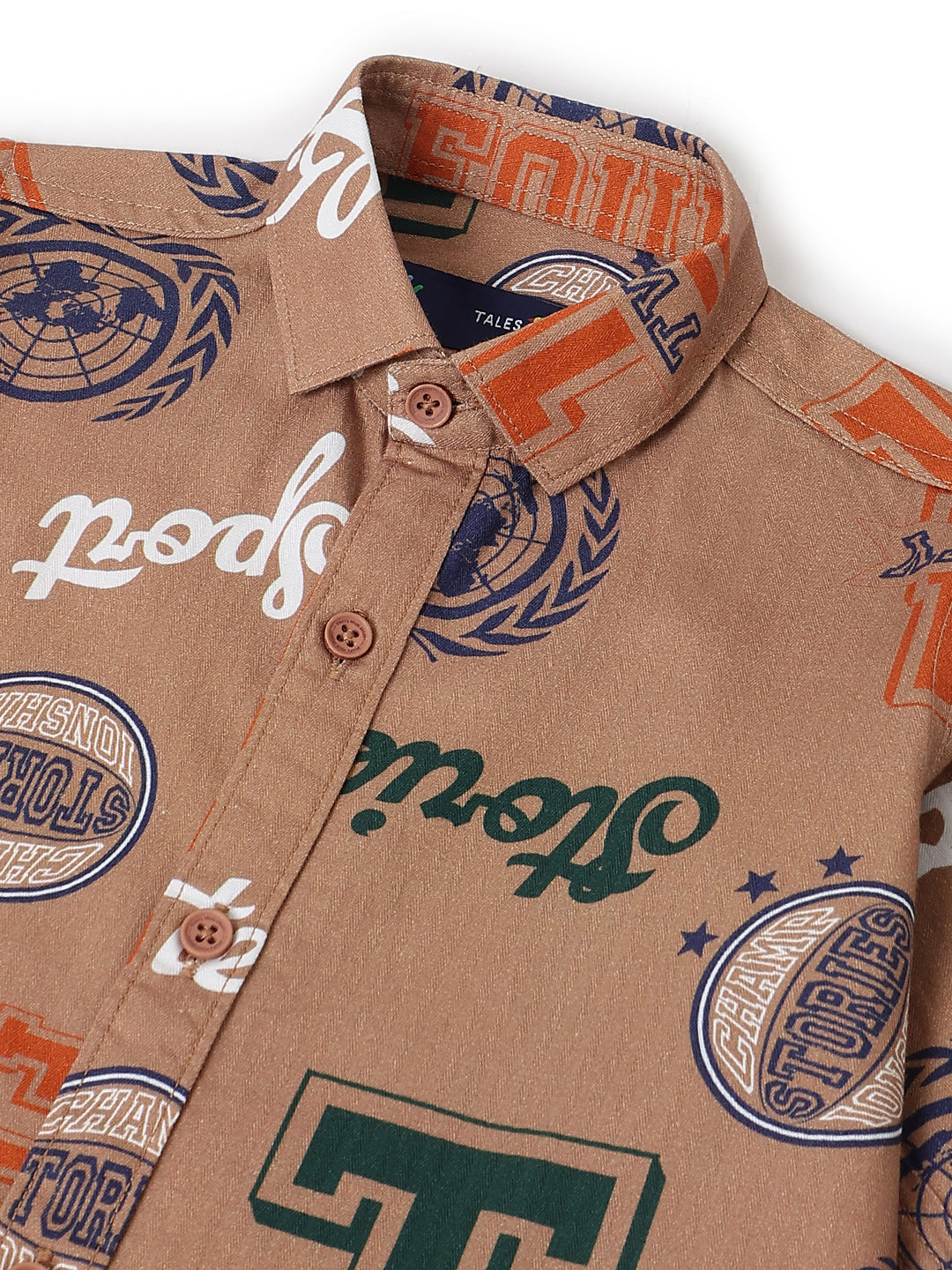 Boys Cotton Brown Printed Shirt With White Denim Solid Baggy Fit Jeans