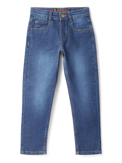 Boys Cotton Printed Grey T-Shirt With Blue Denim Washed Slim Fit Jeans