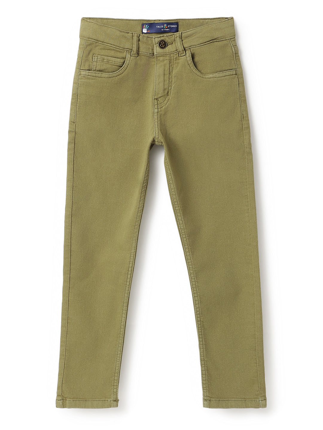 Boys Cotton White Printed T-Shirt With Olive Denim Washed Slim Fit Jeans