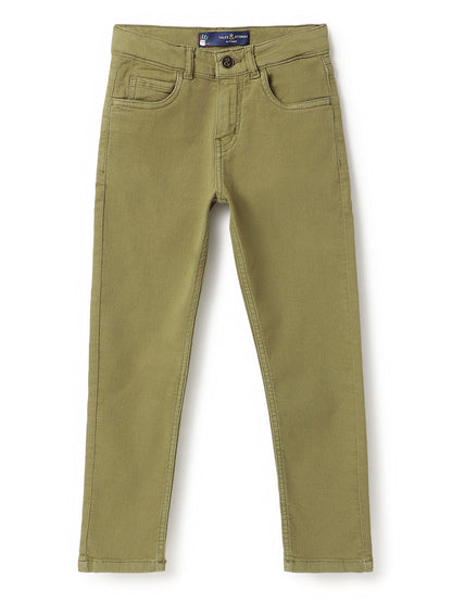 Boys Cotton White Printed T-Shirt With Olive Denim Washed Slim Fit Jeans