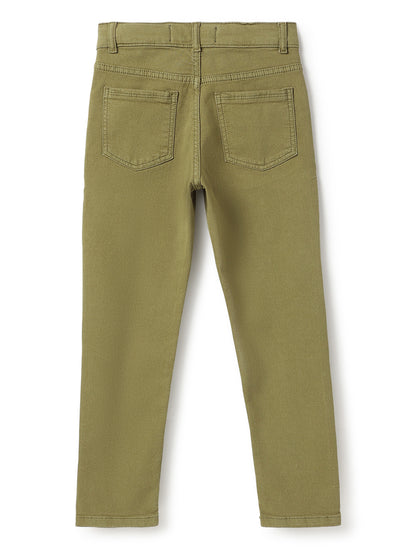 Boys Cotton White Printed T-Shirt With Olive Denim Washed Slim Fit Jeans