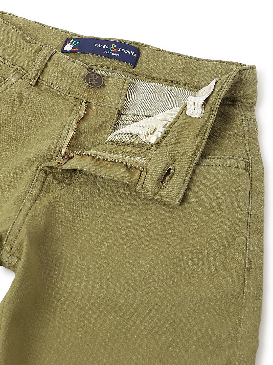 Boys Cotton White Printed T-Shirt With Olive Denim Washed Slim Fit Jeans
