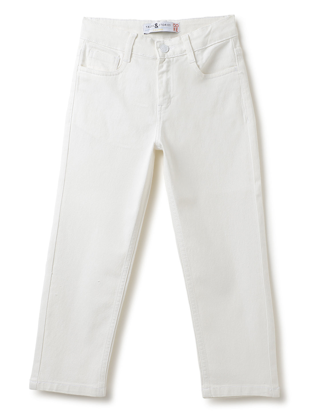 Boys Cotton Peach T-Shirt With White Denim Washed Straight Fit Jeans