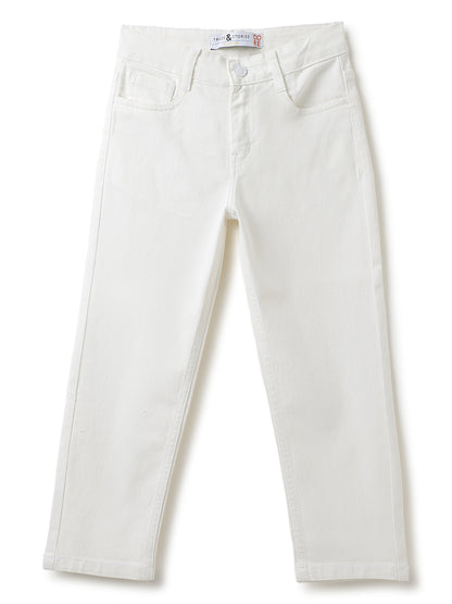 Boys Cotton Peach T-Shirt With White Denim Washed Straight Fit Jeans
