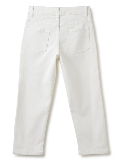 Boys Cotton Peach T-Shirt With White Denim Washed Straight Fit Jeans
