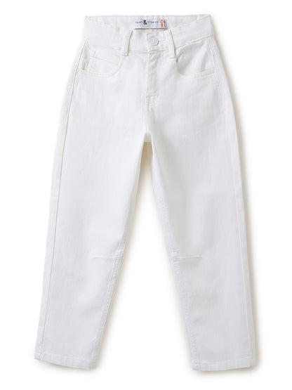 Boys Cotton Orange Shirt With White Denim Washed Barrel Fit Jeans