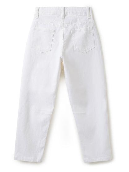 Boys Cotton Orange Shirt With White Denim Washed Barrel Fit Jeans