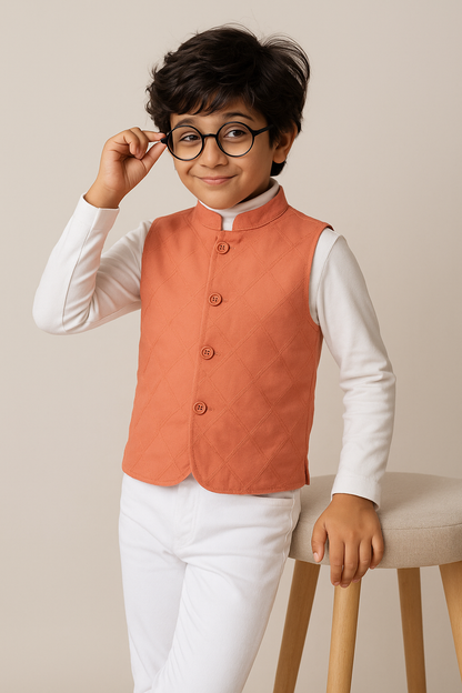 Boys Peach Cotton Solid Waist Coat