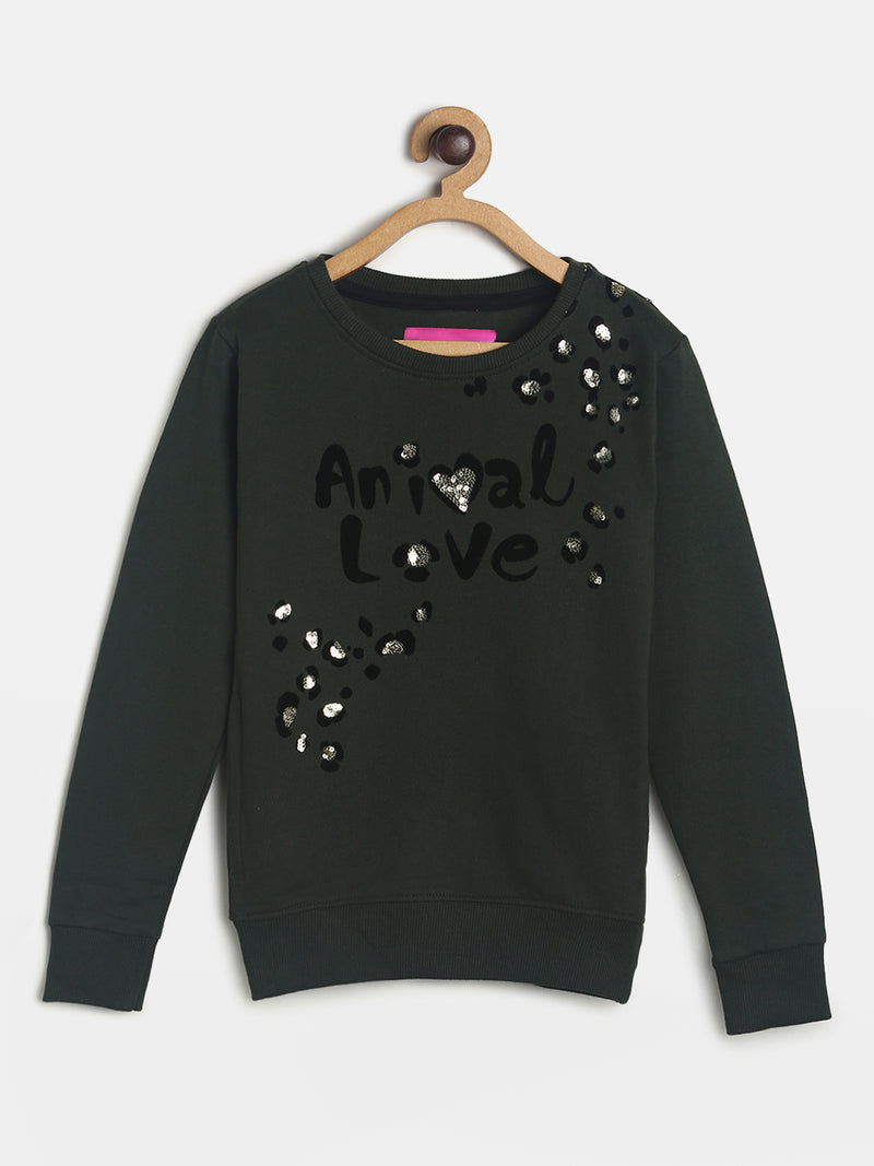 Girls Black Poly Cotton Printed Full Sleeves Sweatshirt