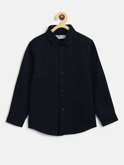 Boys Cotton Navy Blue Shirt With White Lycra Denim Solid Baggy Fit Jeans
