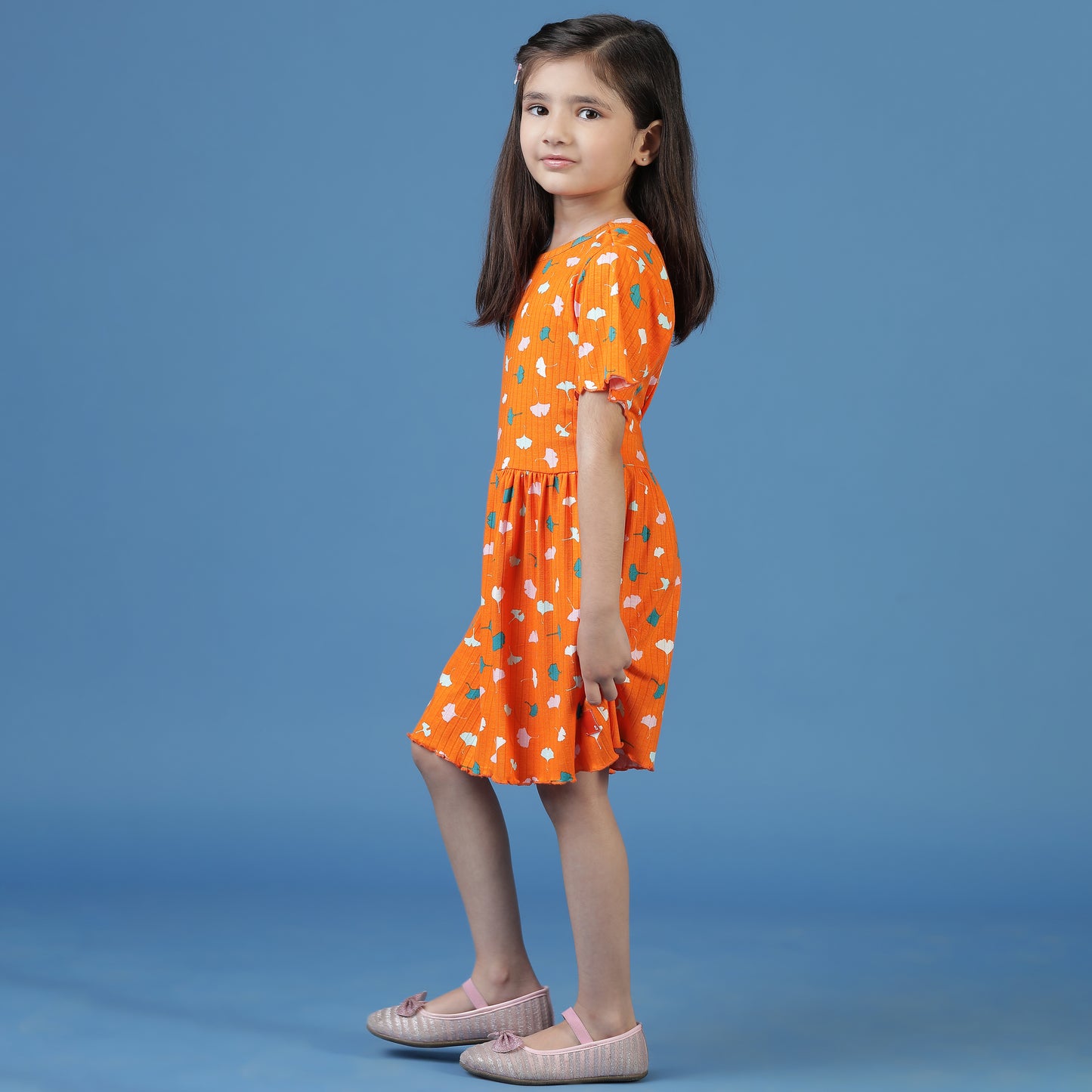 Girls Orange Floral A-Line Dress