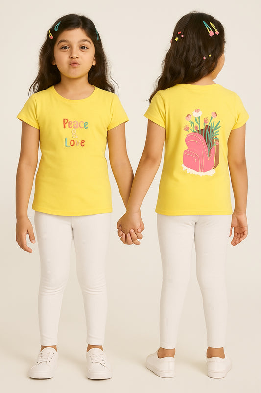 Girls Yellow Cotton Blend Embroidery T-shirt