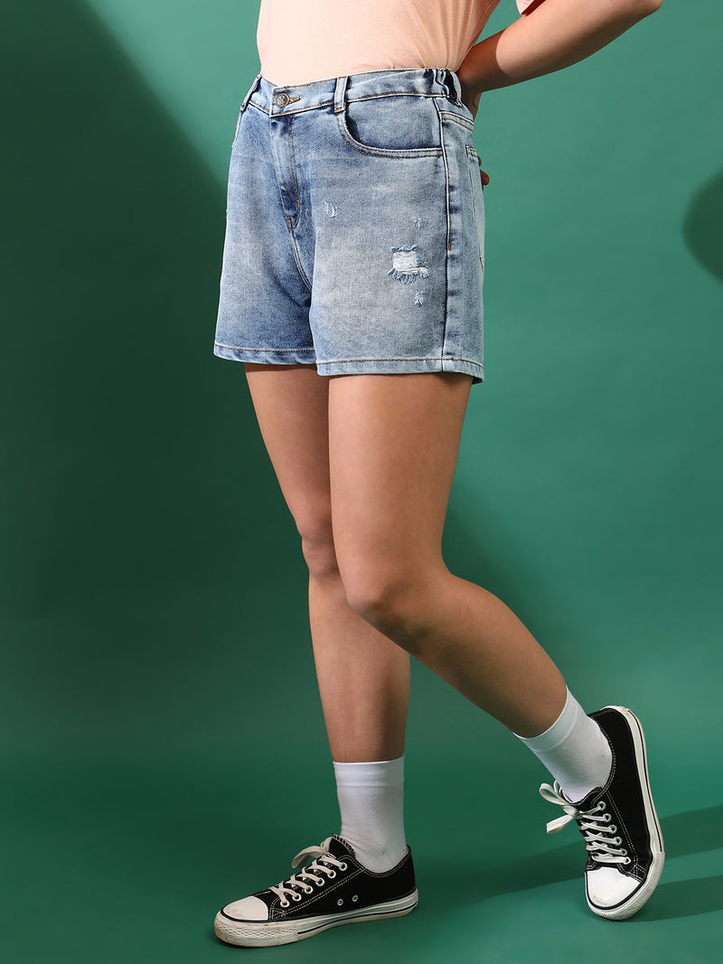 Women Denim solid Blue Shorts