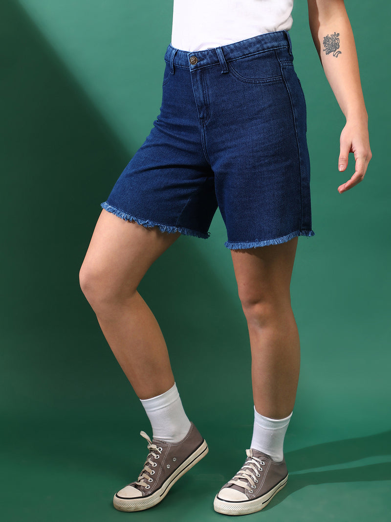 Women Denim Solid Blue Shorts