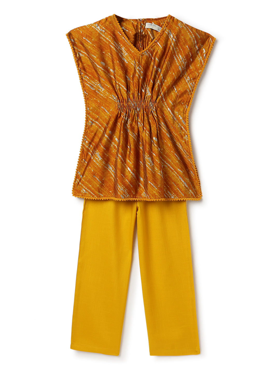Girls Yellow Printed Kaftan & Pant Set