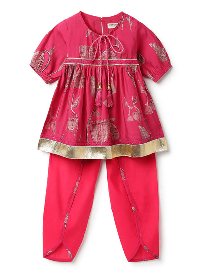Girls Pink Printed Viscose Round Neck Kurta Set