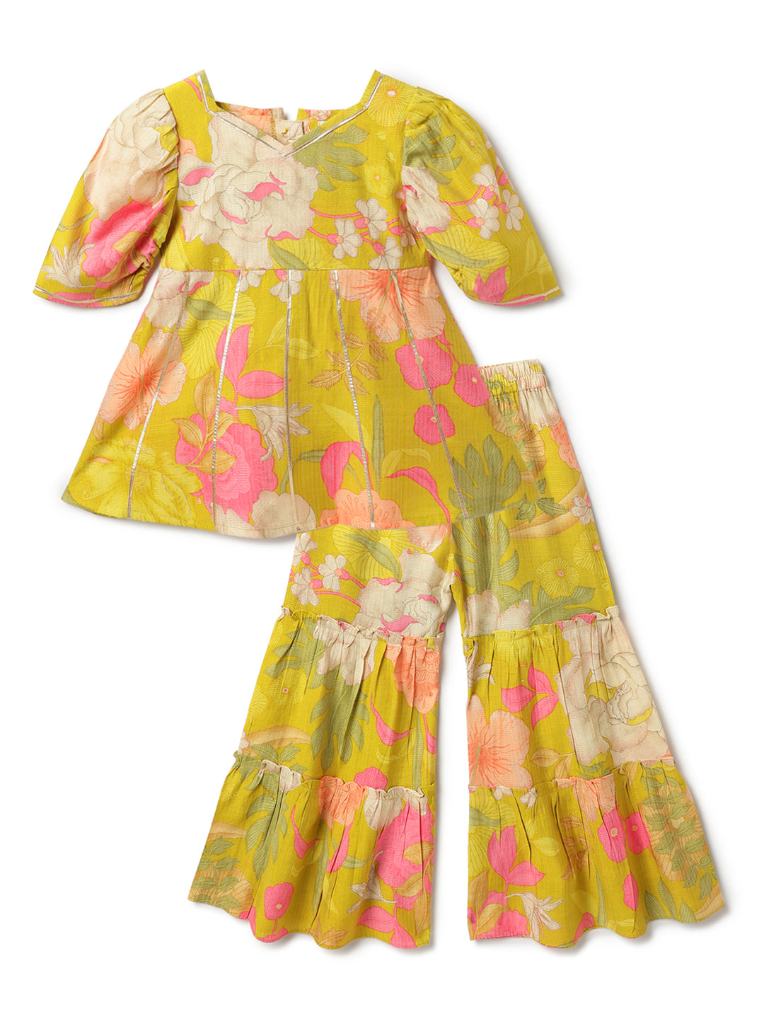 Girls Lime Yellow Printed Top & Sharara Ethnic Set