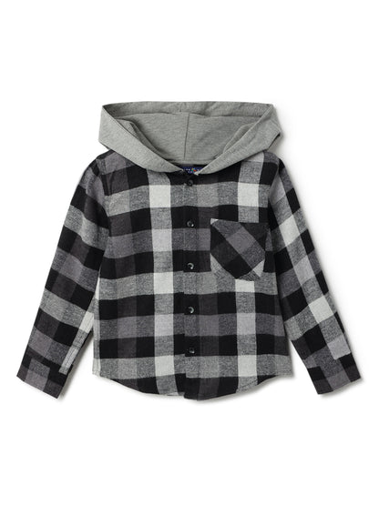 Boys Black Cotton Poly Checked Hooded Shirt