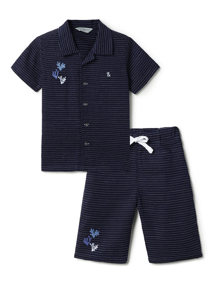 Boys Navy Blue Cotton Striped Shirt & Shorts Set