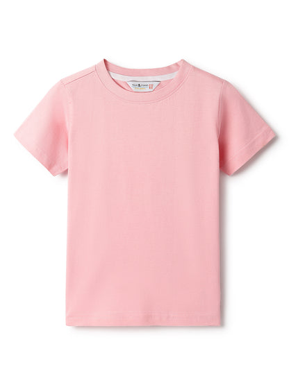 Boys Pink Cotton Solid T-Shirt
