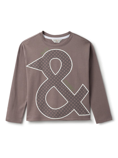 Boys Cotton Printed Grey T-Shirt With Beige Cotton Solid Slim Fit Trouser