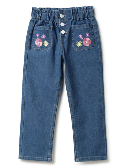 Girls Blue Lycra Embroidery Jogger