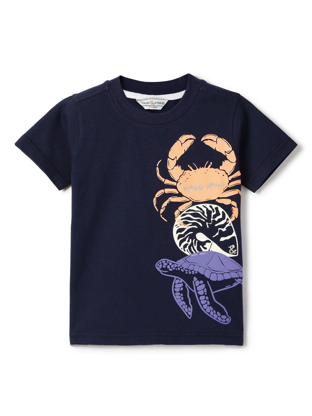 Boys Cotton Navy Blue Printed T-Shirt