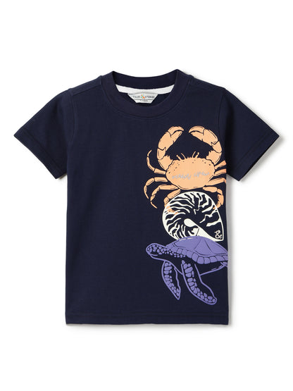 Boys Cotton Navy Blue Printed T-Shirt