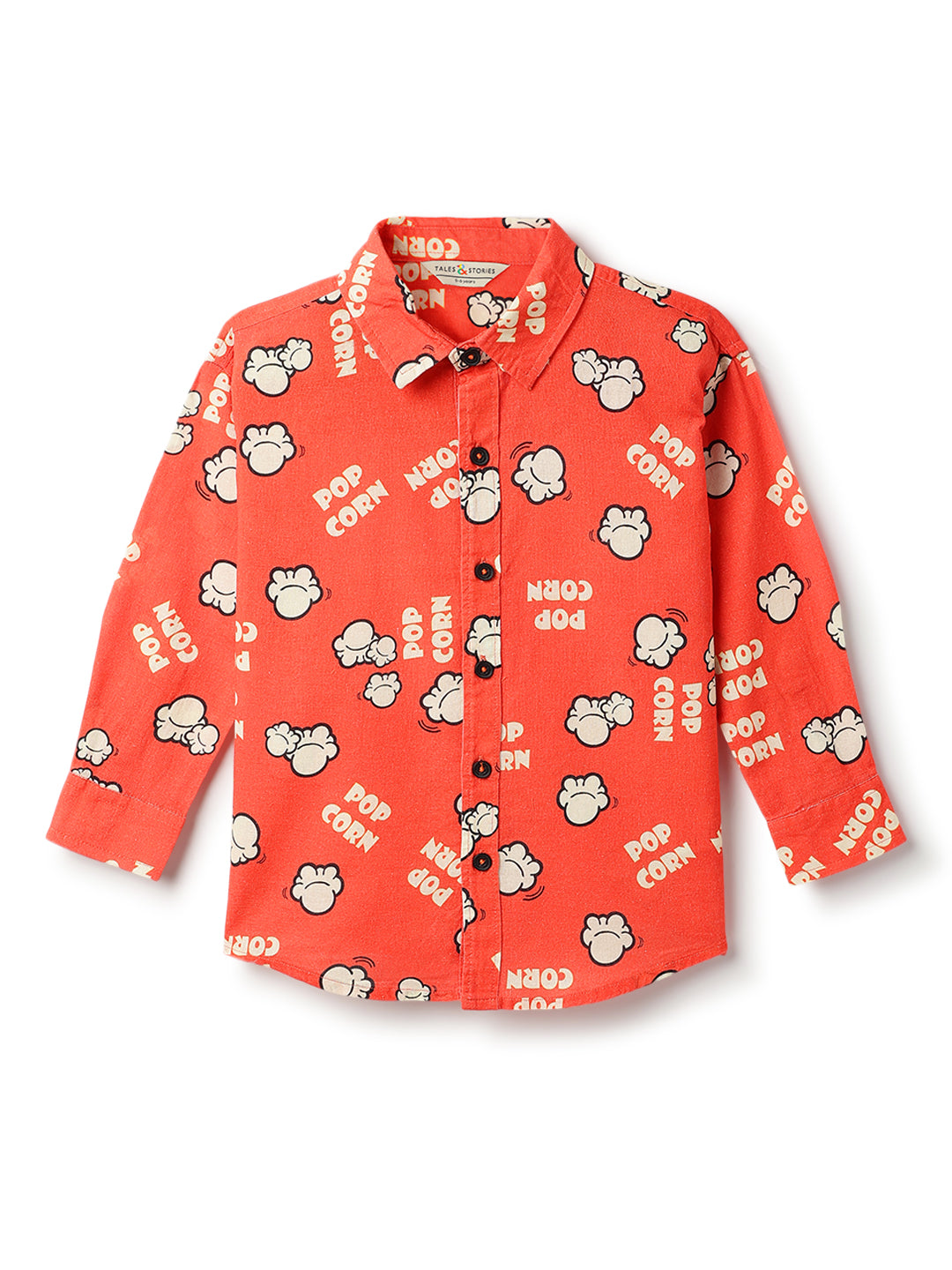 Boys Cotton Printed Red Shirt With Beige Cotton Solid Slim Fit Trouser