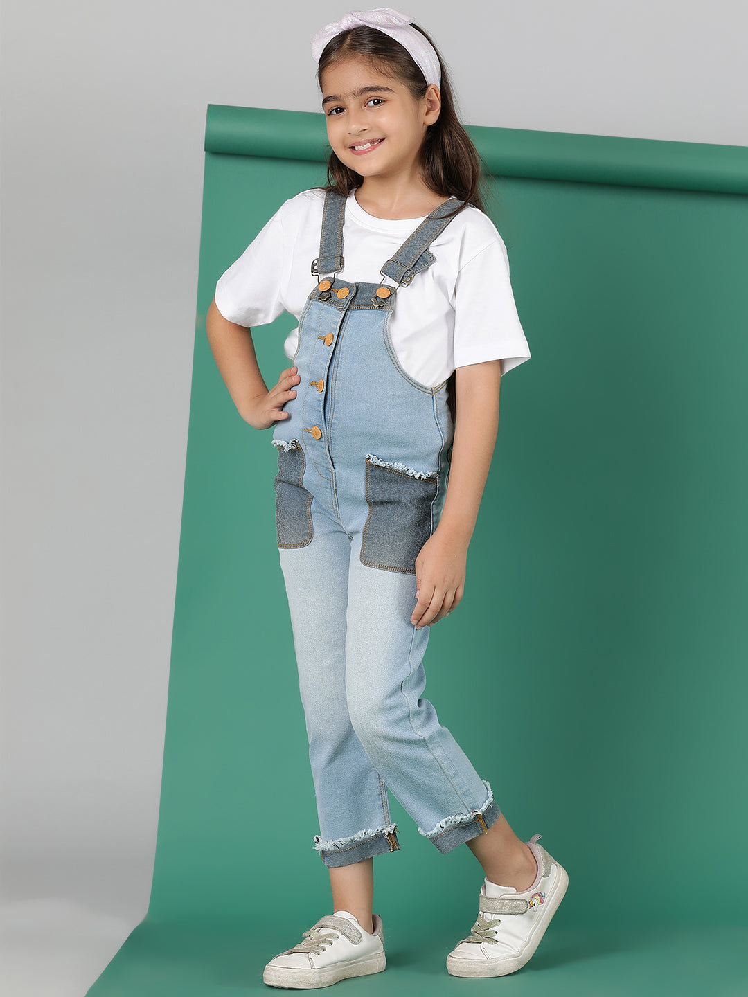 Girls Light Blue Washed Denim Dungarees
