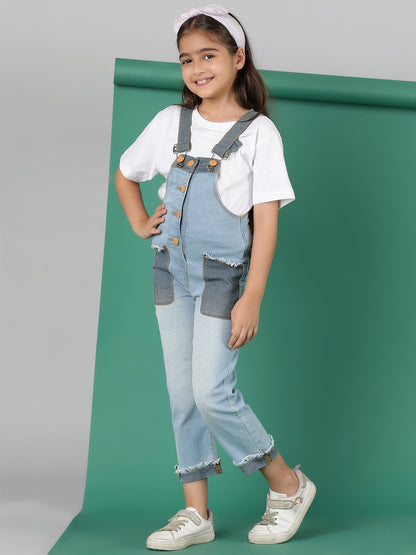 Girls Light Blue Washed Denim Dungarees