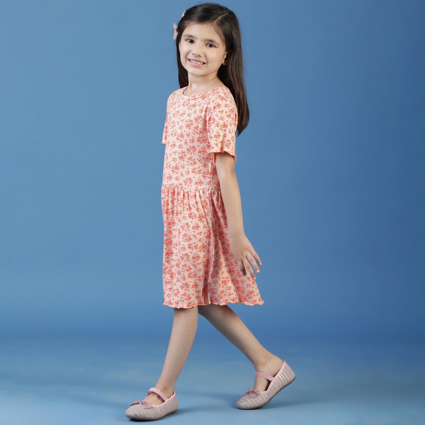 Girls Peach Floral A-Line Dress