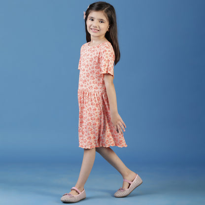 Girls Peach Floral A-Line Dress