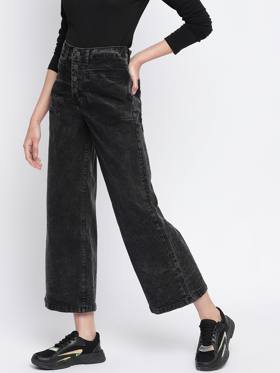Womens Black Denim Wide Leg  Stretchable Jeans