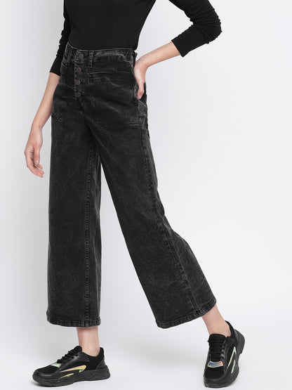Womens Black Denim Wide Leg  Stretchable Jeans