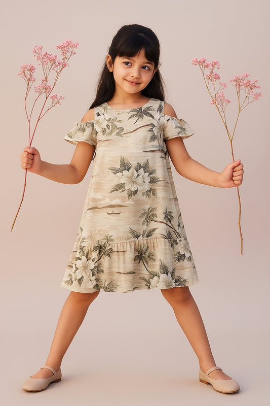 Girls Beige Floral Printed Dress