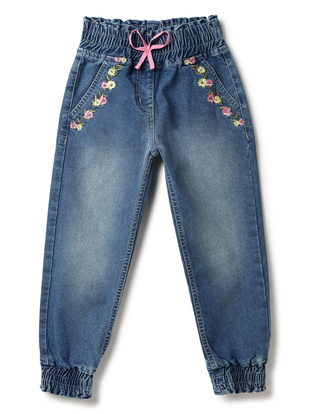 Girls Blue Lycra Embroidery Jogger