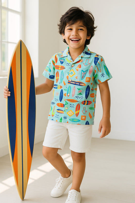 Boys Cotton Casual Printed Blue Shirt