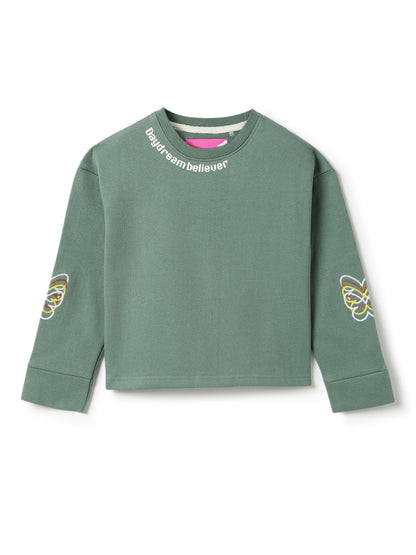 Girls Olive Cotton Printed Cropped Sweatshirt