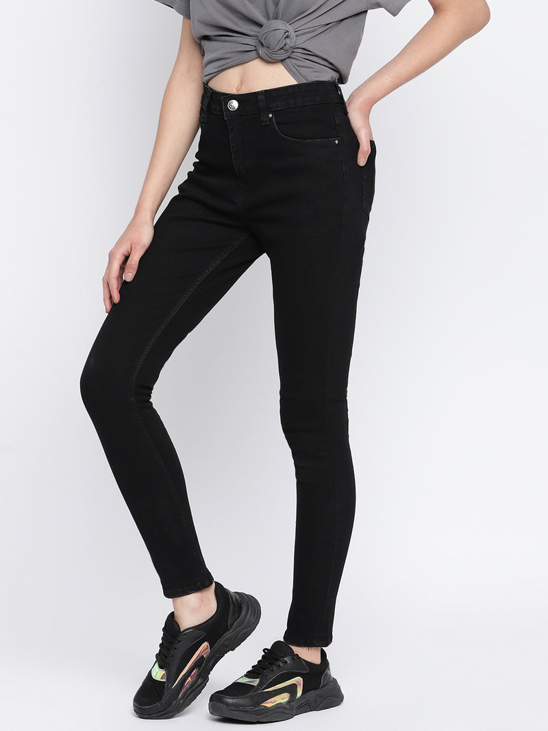 Women Black Denim Lycra Solid Skinny Fit Jeans